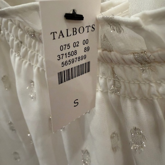 Talbots Womens Small Cream Silver Metallic Clip Dot Smocked Ruffle Blouse NWT - Picture 5 of 7
